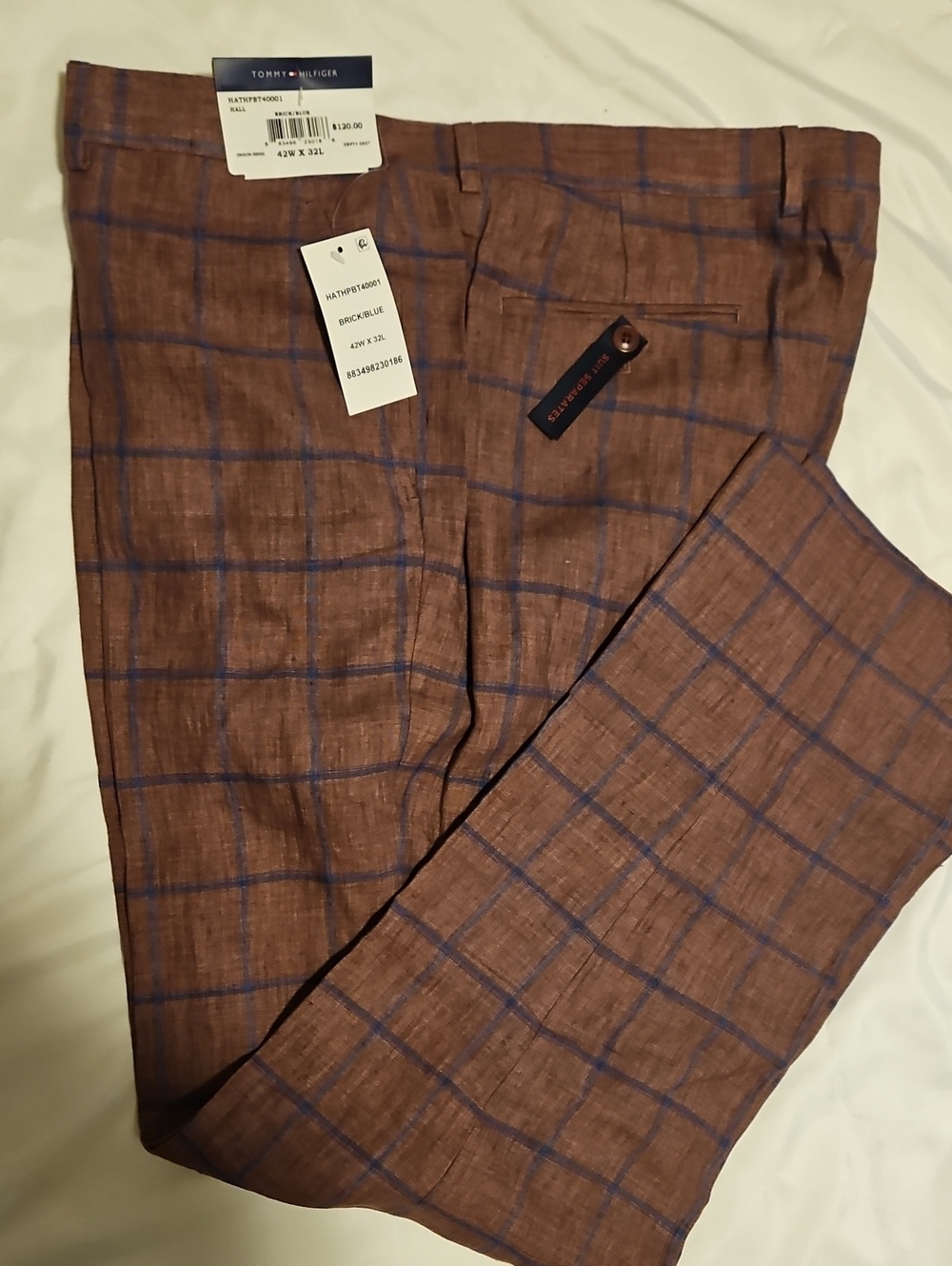 Tommy Hilfiger Men's Brick Dress Pants with Blue Windowpane Check